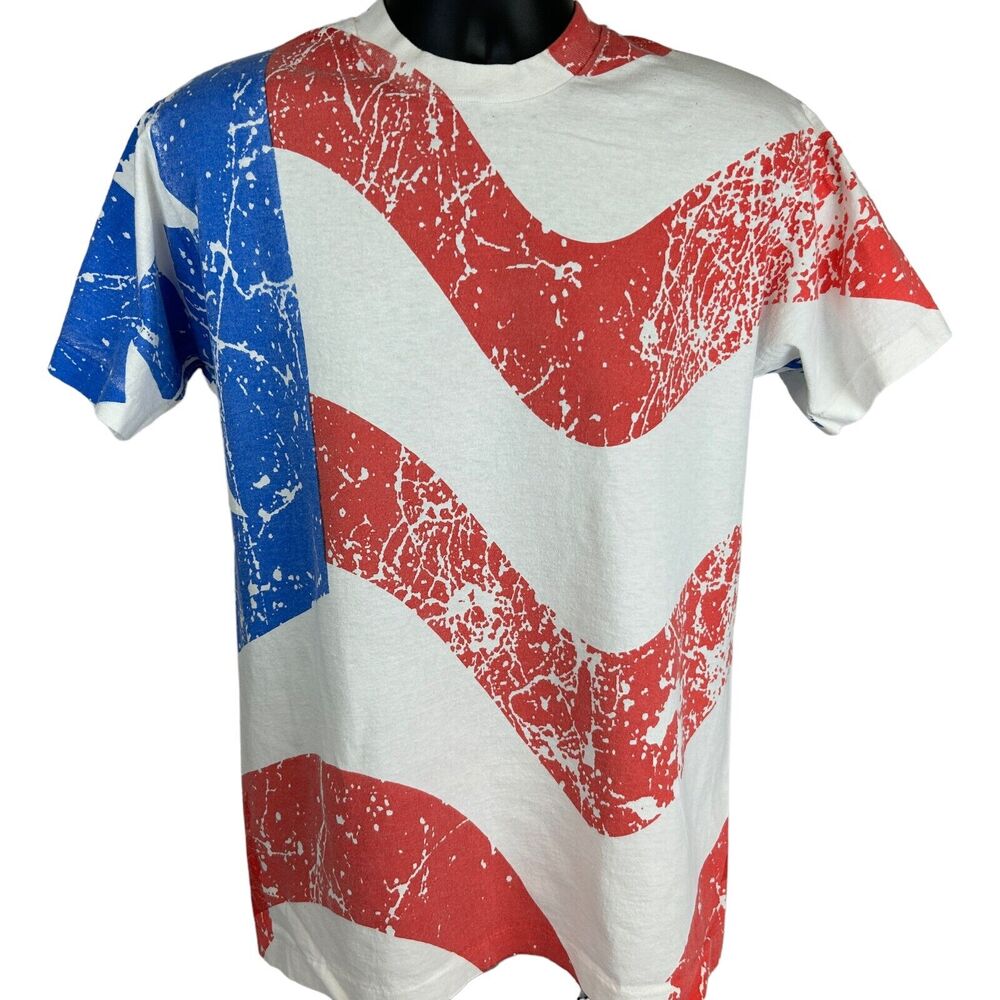 Vintage 90s American Flag All Over Print T Shirt White AOP USA Made Tee L Large